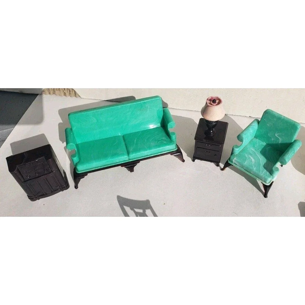 Vtg Ideal Dollhouse Set 18 Piece w/Accessories & Baby Plastic 1960-70s Miniature